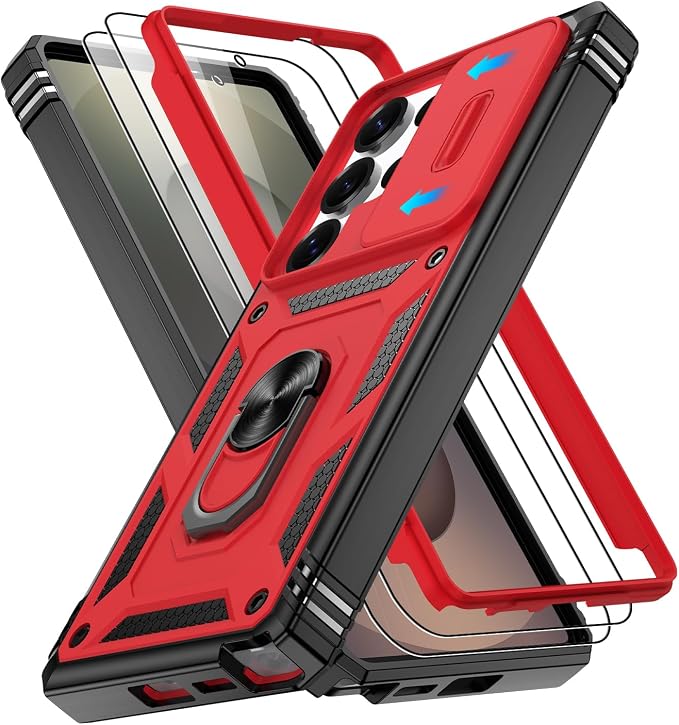 Gritup Fit for Samsung Galaxy S25 Ultra Case with Slide Camera Cover | 2 Pcs Screen Protector, Build in 360° Rotating Ring Kickstand, Military Grade Protective Phone Case, Red+Black by Gritup