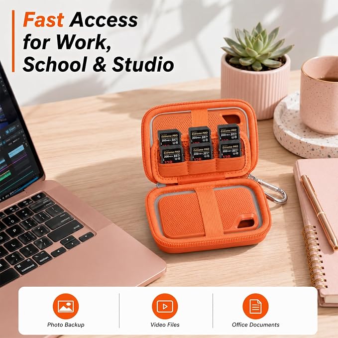 Comecase Dual SSD Case for SanDisk Extreme Portable SSD and Extreme PRO | Holds 2 Drives & 12 SD Cards, Elastic Strap Fit 500GB/1TB/2TB/4TB/8TB, Cable Groove & Carabiner for Travel, Orange, Box Only - Image 8