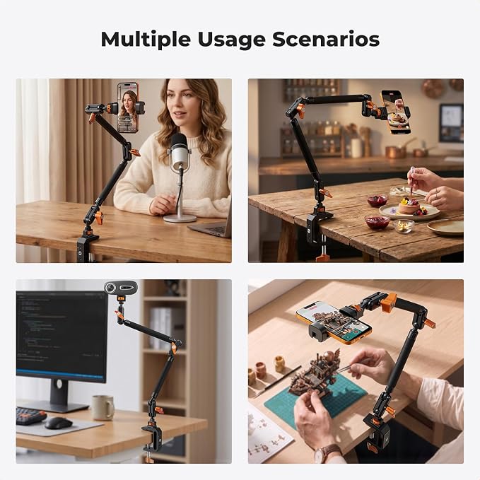 K&F CONCEPT 22" Magic Arm with Desk C-Clamp, Overhead Desk Camera Mount | Long Articulating Friction Boom Arm for Phone, Action Camera, LED Light, Microphone, MS39 - Image 6