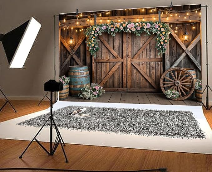 5x3ft Country Wedding Photography Backdrop Rustic Barn Door Photography Backdrop Farmhouse Pink Flower Cabin Wooden Birthday Baby Shower Wedding Bridal Party Banner Photo Booth Props Background - Image 5