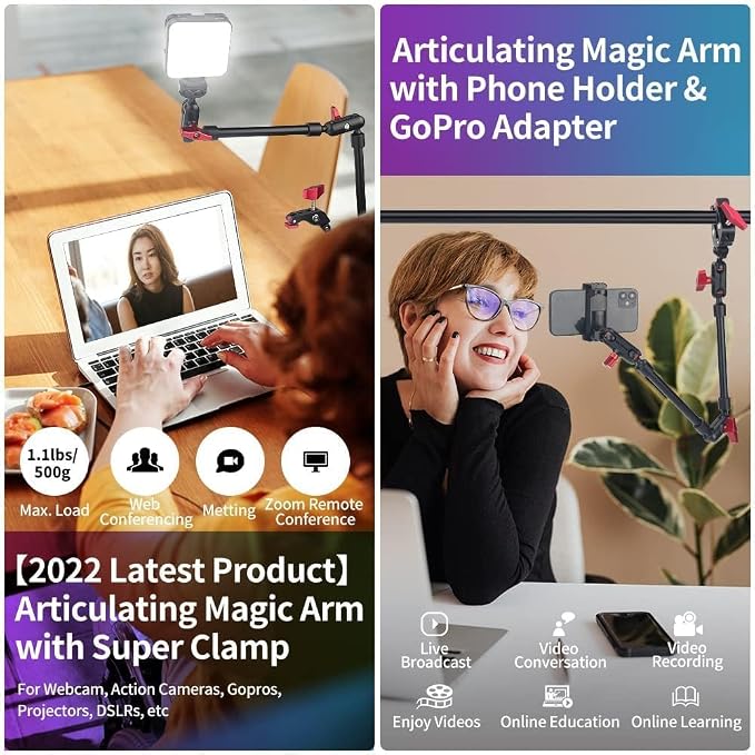 22" Articulating Magic Arm Camera Mount, Desk Clamp Overhead Mount | Anti-deflection lock, anti-slip pads, 0.55lb load, 1/4 3/8 5/8 adapters, aluminum, POV, light, phone, webcam, mic, vlogging - Image 7
