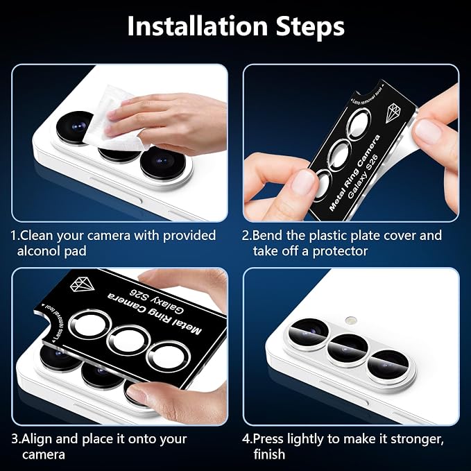 for Samsung Galaxy S26 Camera Lens Protector, Individual Metal Ring Tempered Glass Lens Cover, [Strong Adsorption] Scratch Resistant Ultra-Thin HD Clear Lens Cover, 1 Set-White Shine - Image 6