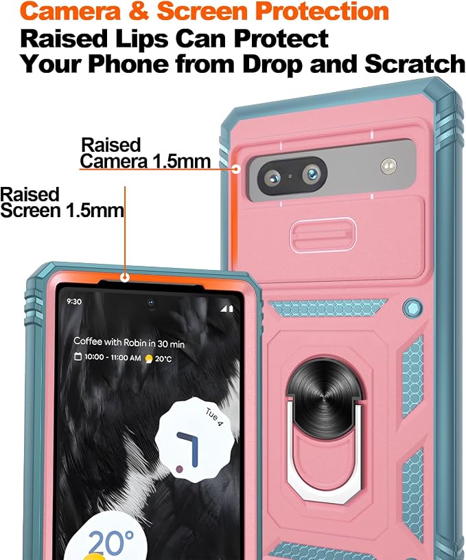 Gritup Phone Case for Google Pixel 7A Case with Slide Camera Cover | 2 Pack Screen Protector, Build in 360° Rotating Ring Kickstand, Military Grade Shockproof Protective Pink - Image 5