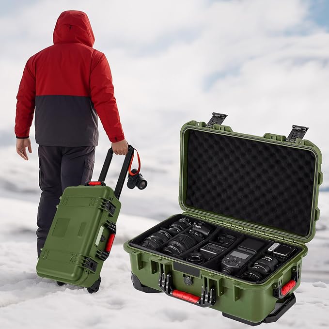 Relaxweex Rolling Camera Hard Case with 15 Padded Dividers & Wheels | Impact-resistant, Protective, Waterproof, Hard Shell Travel Case for Cameras, Lenses & Accessories, 22 x 14 x 9 Inch, Green - Image 6