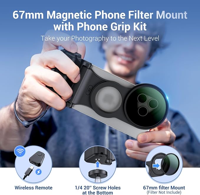 67mm Variable ND2-128 ND Filter Mount Kit with Magnetic Phone Camera Grip & EVA Storage Bag for iPhone 17 Air 16 15 14 Pro(NOT for Pro Max),Neutral Density Lens Attachment Adapter Set for Photography - Image 5