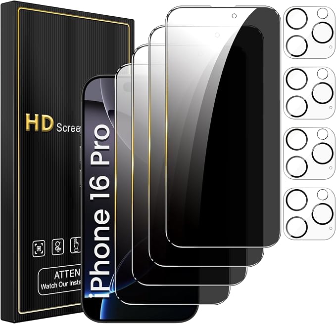 Romkasi 4 Pack Privacy Screen Protector for iPhone 16 Pro 6.3 Inch with 4 Pack Camera Lens Protector, Anti Spy Tempered Glass Film, Anti-Scratch, Touch Sensitive, Case Friendly by Unknown