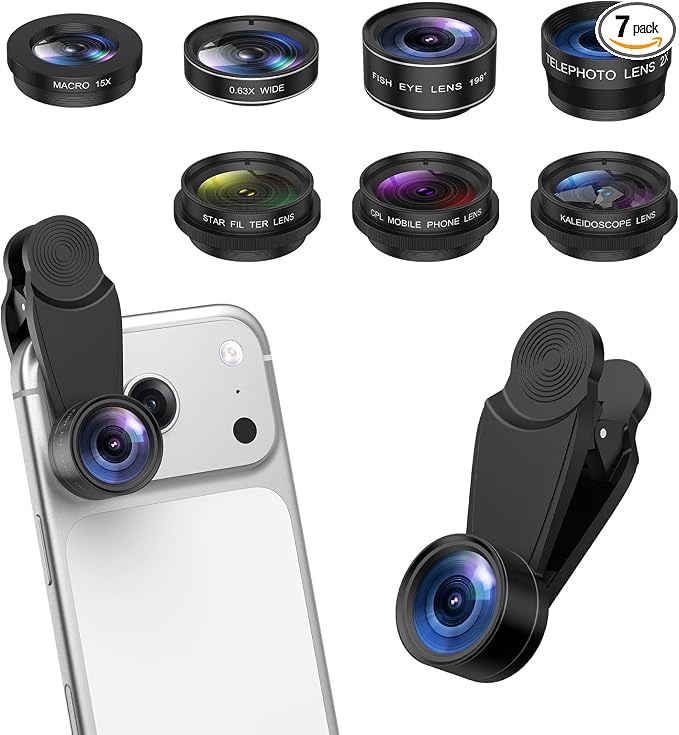 7-in-1 Cell Phone Camera Lens Kit, 15X Macro, 0.63X Wide Angle, 2X Telephoto, 198° Fisheye, CPL, Star & Kaleidoscope Filters, Compatible with iPhone, Samsung & Most Major Smartphone by JXTZ