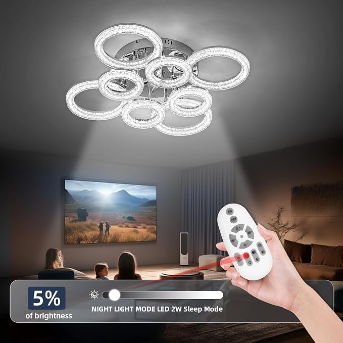 Modern Ceiling Light, 8 Rings 26.8'' Dimmable LED 106W Flush Mount Ceiling Lights with Remote Acrylic Crystal Round Ceiling Light Fixture, Bedroom Living Room Dining Room, Chrome - Image 6