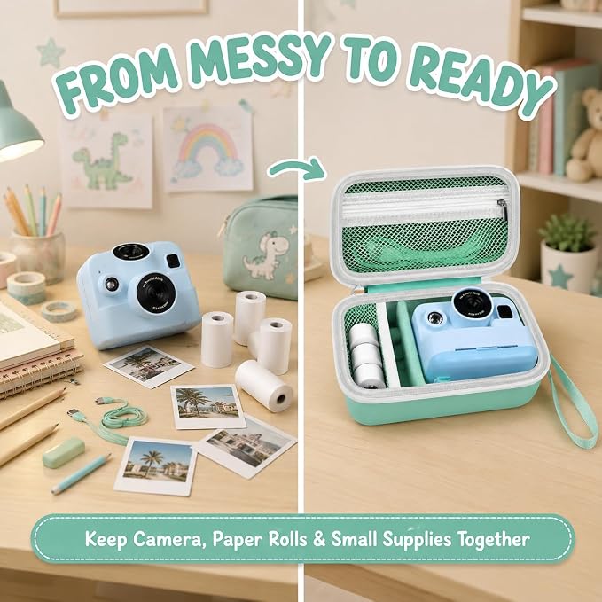 Kids Instant Print Camera Case for DYLANTO for ESOXOFFORE Cameras | Portable Digital Camera Case Organizer for ETIKEZ for YTETCN for DUDUDRAGON with Pocket for Accessories (Box Only)-Mint Green - Image 4