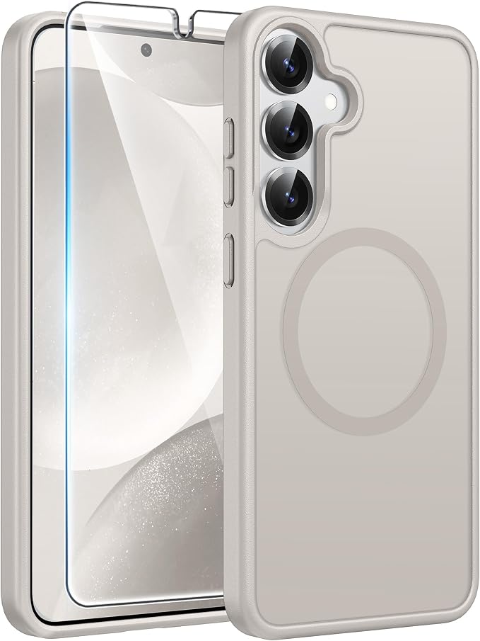 FNTCASE for Samsung Galaxy S25/S24 Case, Fit for Magsafe, Screen Protector | Translucent Matte Magnetic Back, 14FT Military Grade Drop Protection, Shockproof Protective Phone Cover, Off White by FNTCASE