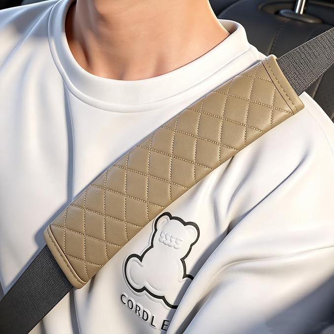 Beige PU Leather Seat Belt Covers - 2Pcs, Diamond Stitched Seat Belt Pads, Universal Fit for Car Truck SUV - Image 4