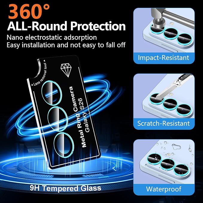 for Samsung Galaxy S26 Camera Lens Protector, Individual Metal Ring Tempered Glass Lens Cover, [Strong Adsorption] Scratch Resistant Ultra-Thin HD Clear Lens Cover, 1 Set-Blue Shine - Image 4