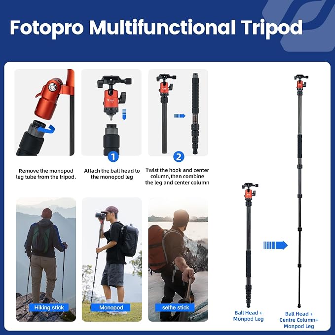 Fotopro 62" Carbon Fiber Travel Tripod, Lightweight Compact Camera Tripod with Ball Head, Detachable Monopod with Arca-Swiss Release Plate and Bag, Load up to 8KG/17.63lbs, Weighs only 2lb. Orange - Image 4