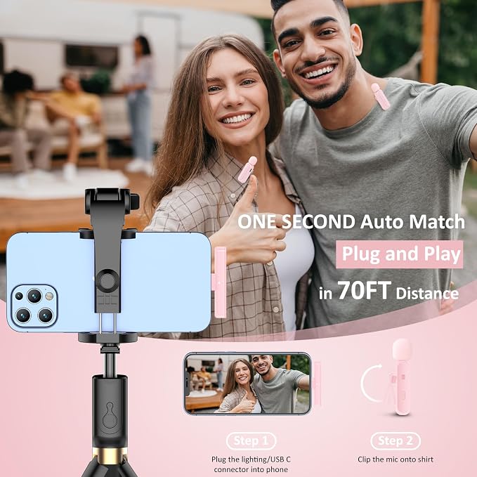 Ecomxia 2 Pack Wireless Lavalier Microphone for iPhone iPad Android with Charging Case - 7H Clip on Lapel Microphone Wireless for Video Recording Vlogging, YouTube, Interview, 3 Mode Denoise (Pink) - Image 4