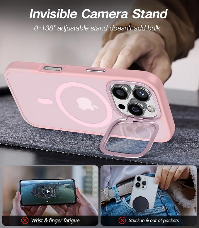 VOFATA [Upgraded] for iPhone 16 Pro Case with Camera Cover Stand [Fit for MagSafe][9H Camera Lens Protector] Mil-Grade Protection Translucent Matte Magnetic iPhone 16 Pro Phone Case, Pink - Image 3