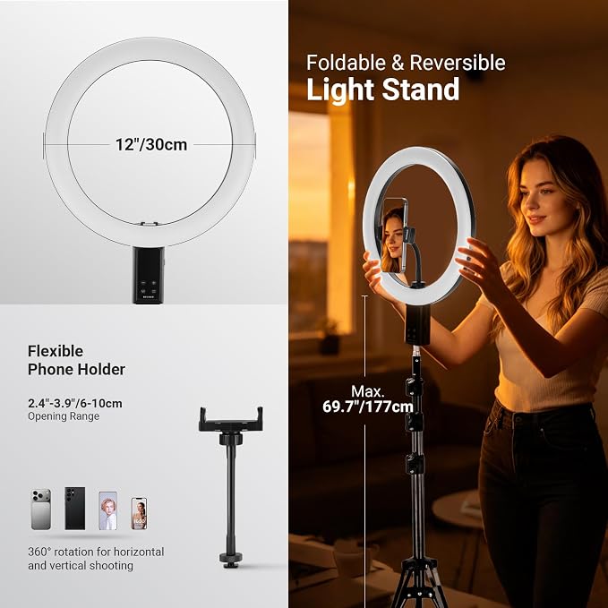 NEEWER 12" Selfie Ring Light with App Control/Remote/Tripod Stand, 3200mAh LED Bi Color CRI95 2900K-7000K Ringlight Circle Lighting Compatible with iPhone Vlog Makeup Studio Video Recording, RB12B - Image 7