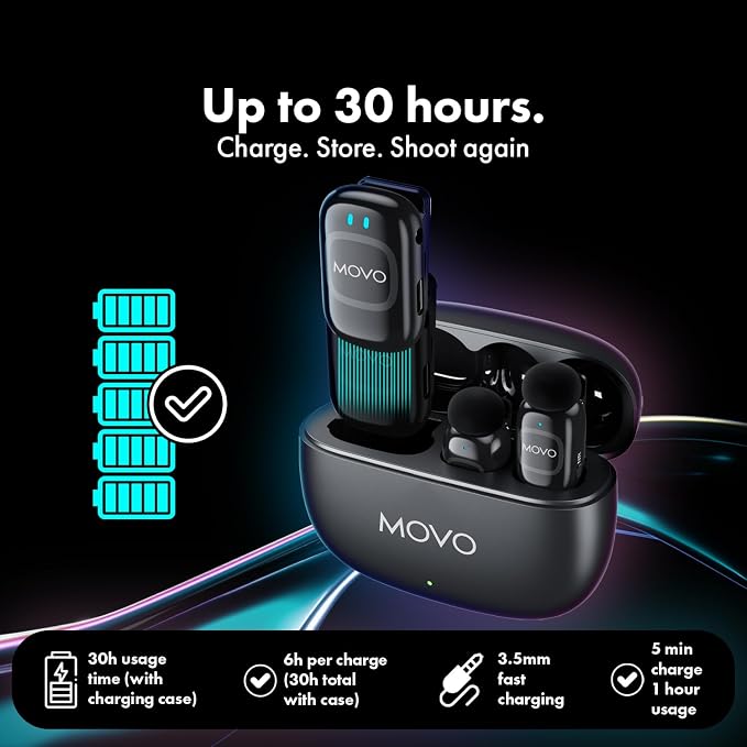 Movo NanoMic Wireless Lavalier Microphone for Camera – Clip-On TRS Wireless Mic System for DSLR, Camcorders, and Mirrorless Cameras – Dual Microphones with Charging Case for Video, Interviews - Image 8