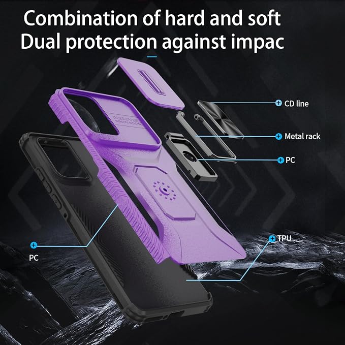 for Moto Edge 2024 Case,with Sliding Camera Lens Cover,HD Screen Protector,360° Rotating Ring Kickstand, Military-Grade Shockproof Protective Cover for Motorola Moto Edge 2024,Purple - Image 4