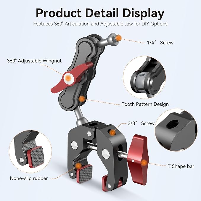 Camera Clamp Mount & 360°Ball Head Magic Arm with Adapter for Go pro, Aluminum Double Ball Head Adapters, Heavy Duty Super Clamp with 1/4"-20 & 3/8"-16 Thread -SJ008 - Image 4