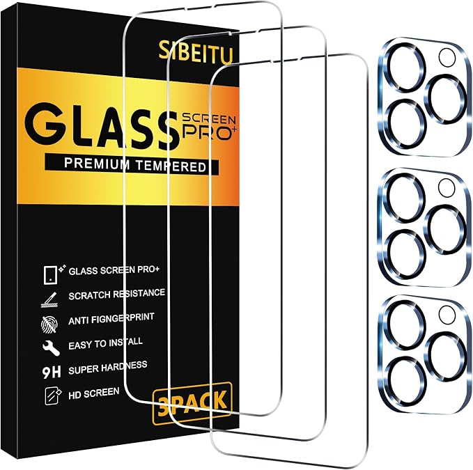 SIBEITU Screen Protector for iPhone 15 Pro Max 6.7 Inch Tempered Glass | 3 Pack Screen + 3 Pack Camera Lens Protector, HD Clear 9H Hardness, Scratch Resistant, Sensor Protection, Case Friendly by SIBEITU