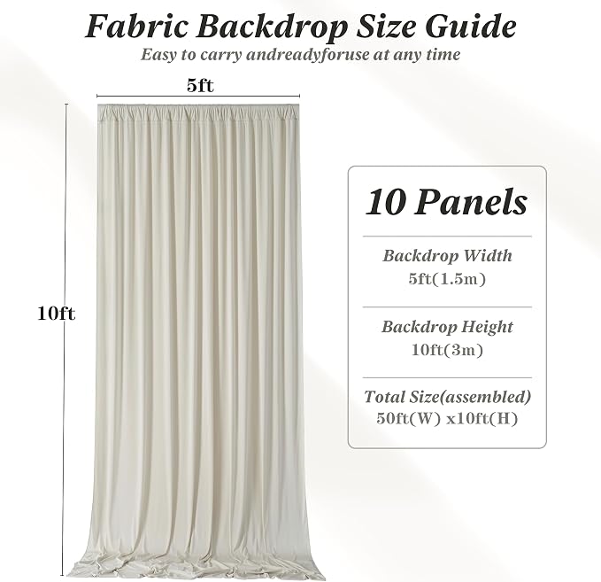 50 ft x 10 ft Wrinkle Free Beige Backdrop Curtain for Parties, 10 Panels 10ft Polyester Beige Photo Backdrop Drapes for Graduation Birthday Wedding Party Stage Curtains - Image 6