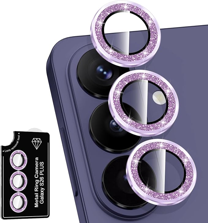 for Samsung Galaxy S26 Plus Camera Lens Protector, Individual Metal Ring Tempered Glass Lens Cover, [Strong Adsorption] Scratch Resistant Ultra-Thin HD Clear Lens Cover, 1 Set-Purple Sparkly by Btscase
