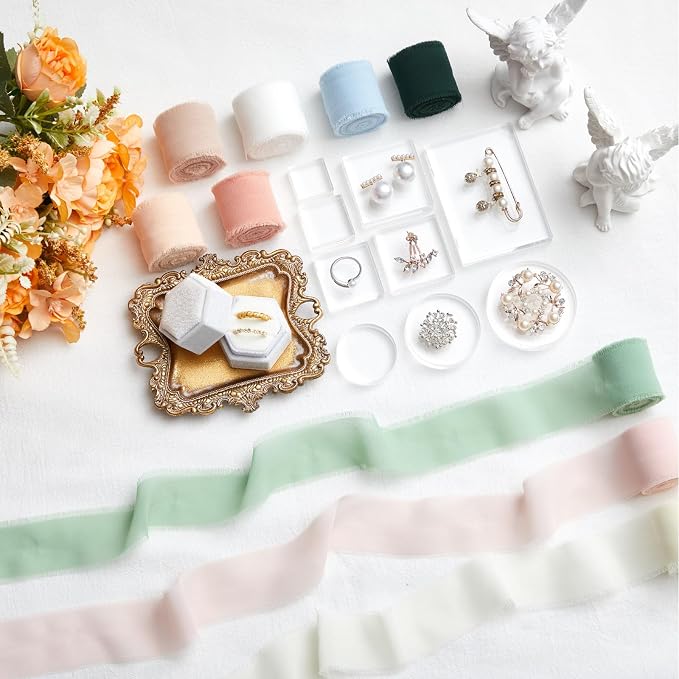 Cinnvoice 20 Pcs Flat Lay Props for Wedding Jewelry, Vintage Tray, White | Velvet Ring Boxes with Gold Tray, Acrylic Backdrops, Multi-color Staging Cards for Jewelry Display and Bridal Photography - Image 2