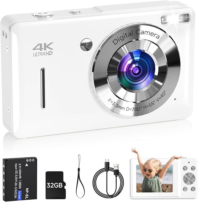 Digital Camera for Kids, FHD 1080P 44MP Point and Shoot Digital Camera with Face Detect, Smile Capture, 16X Zoom, 20 Filters, Anti Shake, 32GB SD Card White Compact Vintage Camera for Kids Boys Girls by SMARTKLIK