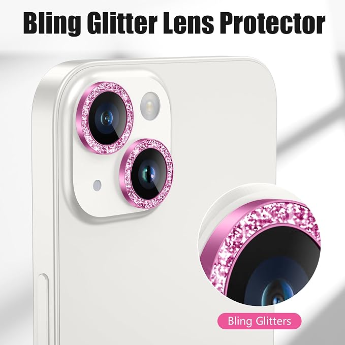 AGVEE 3+3 6 Pack for iPhone 14/14 Plus Camera Lens Protector Cover | Individual Bling Diamond & Bling Glitter Sparkle Cute Gem Metal Ring, 9H Tempered HD Glass - Image 5
