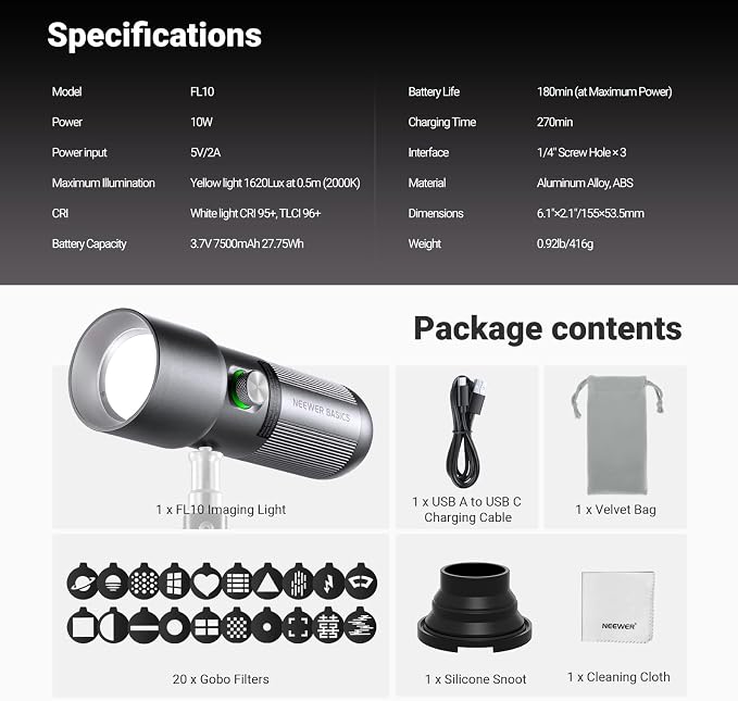 NEEWER Basics RGB Photography Flashlight,4 Colors/20 GOBO Filters/CRI95+/7500mAh,10W 6300K Portable LED Video Spotlight Patterned Ambient Aluminum Sunset Light for Recording Studio Lighting, USB, FL10 - Image 9