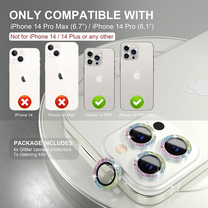 Choiche for iPhone 14 Pro/iPhone 14 Pro Max Camera Lens Protector | Ultra HD, Bling 9H Tempered Glass Camera Cover Screen Protector Metal Ring Decoration Accessories (Glitter-Colorful) - Image 2