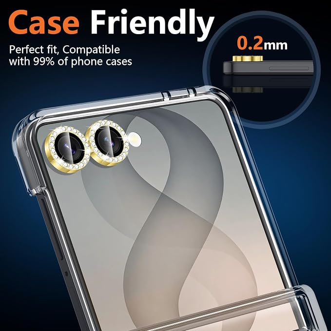for Samsung Galaxy Z Flip 8 Camera Lens Protector, Individual Metal Ring Tempered Glass Lens Cover, [Strong Adsorption] Scratch Resistant Ultra-Thin HD Clear Lens Cover, 1 Set-Gold Diamond - Image 6