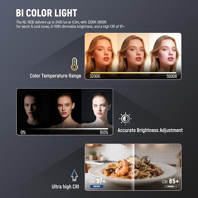 NEEWER Basics 13" LED Video Light Panel, 20W Ultra Thin Bi Color, NL-192B | Dimmable DSLR Camera Soft Key Lighting for Streaming, Photo Studio Photography, Podcast Recording, 8000mAh, 3200-5600K CRI97+ - Image 5