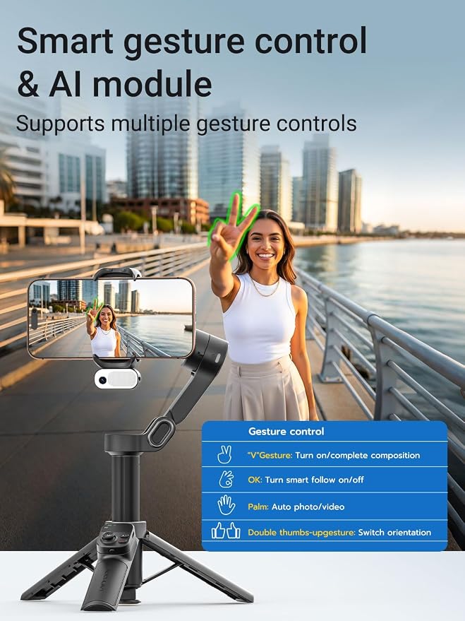 AOCHUAN AI Face Tracker Gimbal Stabilizer for iPhone w/Magnetic Remote | 360° Pan Rotation 3-Axis Gimbal for iPhone, Stabilizer w/Light, Built-in Extension Rod & One-Touch Open Tripod, Volg, Sport - Image 9