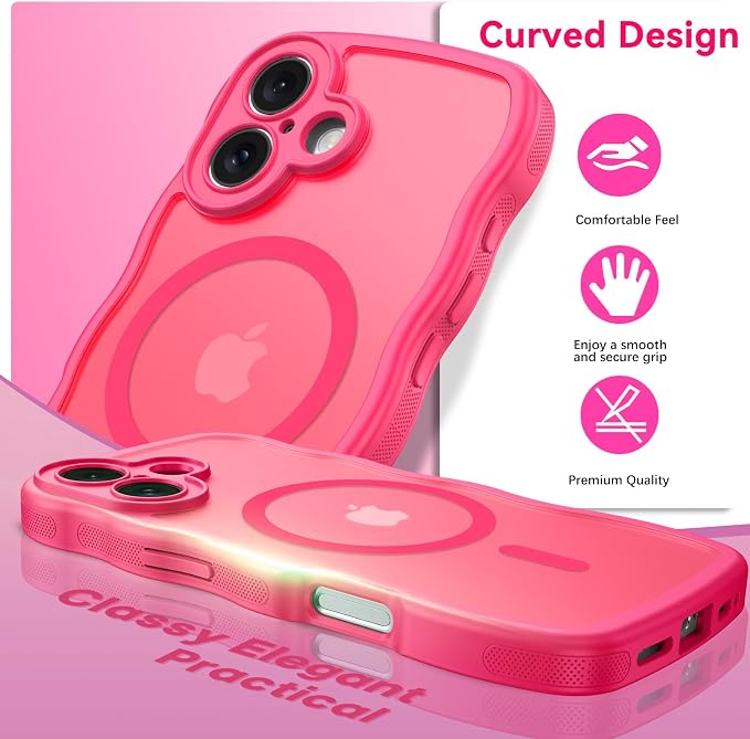 BENTOBEN Magnetic for iPhone 16 Case, Cute Wavy [Full Camera Protection][Compatible with MagSafe] Matte Anti-Slip Bumper Women Girls Boys Protective Cover for iPhone 16 6.1",Hot Pink - Image 3