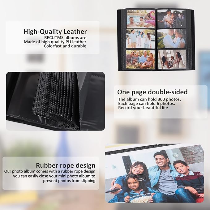RECUTMS 6x4 Premium Leather Photo Album with 300 Pockets, Purple | Black Inner Page, Horizontal Pockets, Small Album for Family, Birthday Christmas Anniversary Picture Book, DIY Cover Window - Image 4