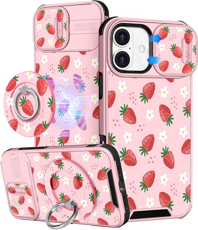 Buleens for iPhone 16 Case 6.1 Inch - with Ring Stand & Camera Cover Aesthetic Cute Designed for Women Girls Pretty Girly Kawaii Strawberry Teens Phone Case for iPhone 16 Compatible with Magsafe by Buleens