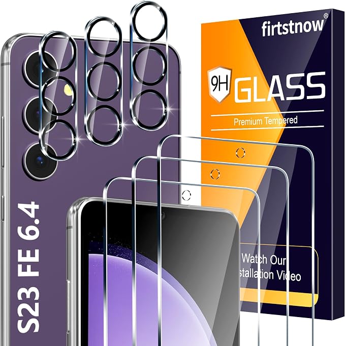 firtstnow 3 Pack for Samsung Galaxy S23 FE Screen Protector Tempered Glass + 3 Pack Camera Lens Protector, Military Grade Shatterproof, 9H Hardness, Fingerprint Unlock, Case Friendly 6.4 Inch by Unknown