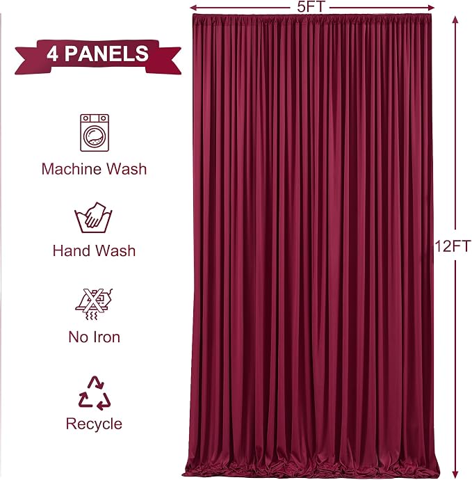4 Panels Burgundy Backdrop Curtains for Wedding Party Wrinkle Free Backdrops Curtain Drapes Fabric Decorations Maroon Photo Back Drop for Baby Shower Photography Stage Reception 20ft(W) x 12ft(H) - Image 5