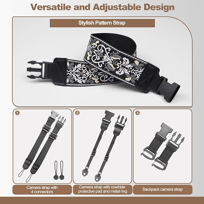 Adjustable Camera Neck Strap, Vintage Embroidered Shoulder & Crossbody Camera Strap with 4 Connection Ways, Anti-Slip Camera Strap for DSLR, Mirrorless & Camcorder, Travel & Outdoor Photography Gear - Image 4