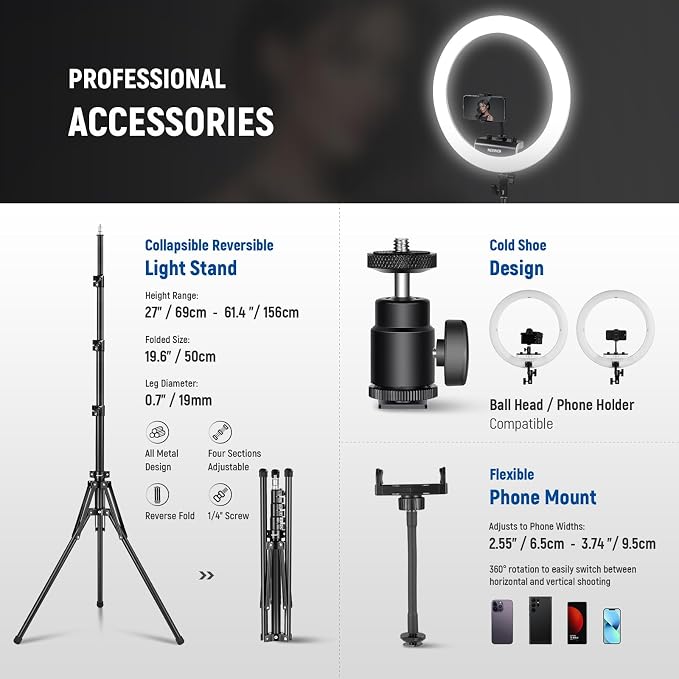 NEEWER 18 inch Ring Light with Tripod Stand and Phone Holder, Ultra Thin Video Ringlight 2900K-7000K TLCI98 App Control, Softer Lighting for Lash Tattoo Makeup Live Stream TikTok, RP18B Pro White - Image 7