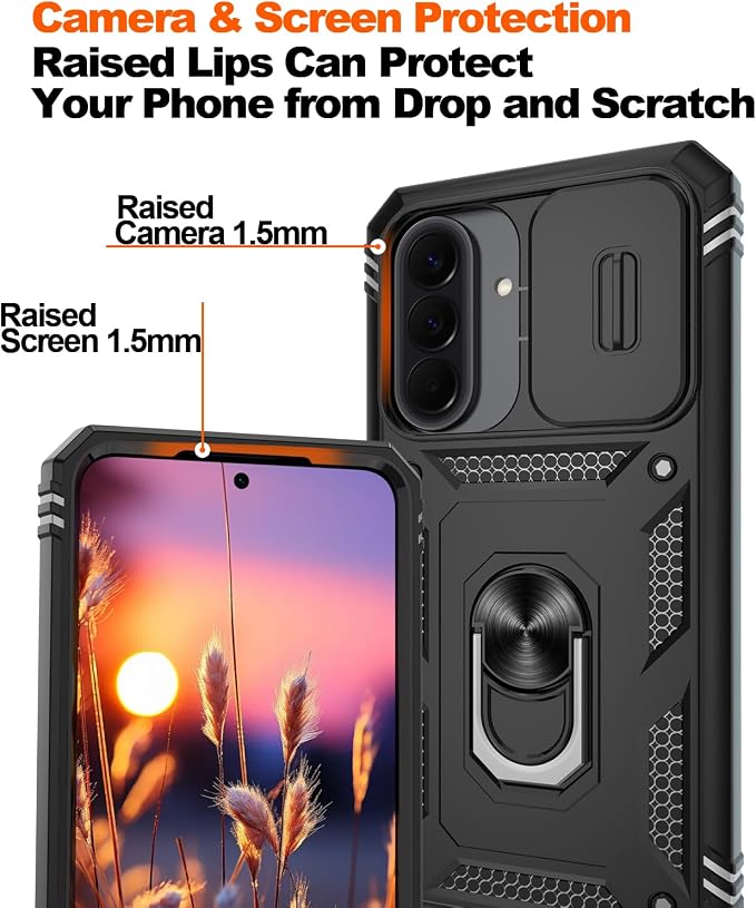 Gritup for Samsung Galaxy A57 5G Phone Case with Camera Cover | 2*Screen Protector & 360° Rotating Ring Kickstand, Military Grade Protective Cover para Samsung A 57, Black - Image 4