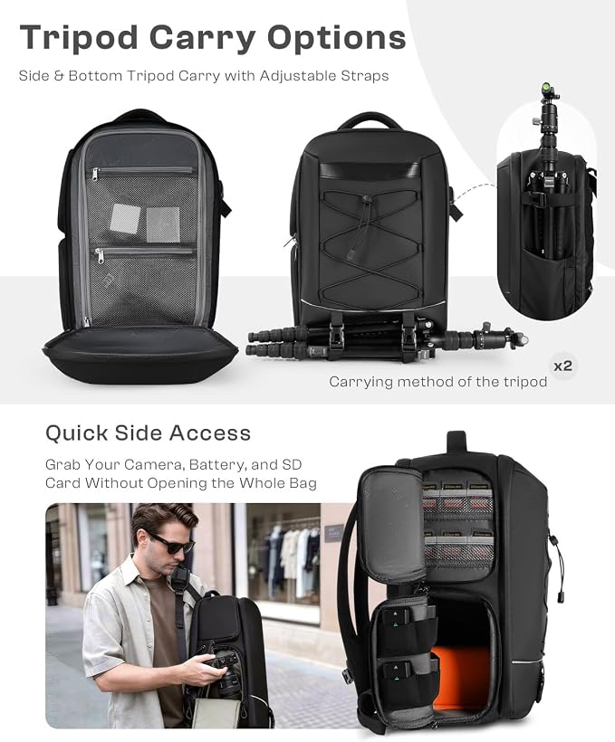 Camera Backpack, DSLR SLR Camera Bag for Photographers Compatible with Sony/Canon/Nikon/DJI Mavic Drone, Waterproof Rain Cover Photography Backpack, Tripod Holder Camera Case Fits 16 Inch Laptop - Image 6