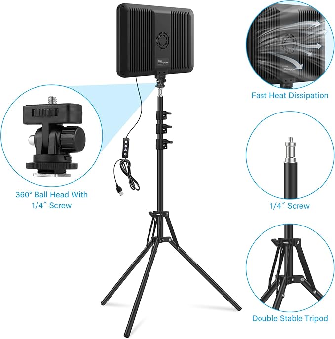 2 Pack LED Video Light with 63'' Tripod Stand, Obeamiu 2500-8500K Dimmable Photography Studio Lighting for Video Film Recording/Collection Portrait/Live Game Streaming/YouTube Podcast, USB Charger - Image 4