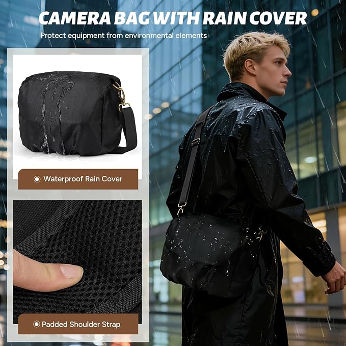 RAINSMORE Camera Bag, Vintage Canvas Camera Sling Bag Crossbody Camera Case | Water-resistant DSLR SLR Mirrorless Camera Bag for Photographer with Rain Cover & Tripod Holder for Sony Canon Nikon Fujifilm - Image 5