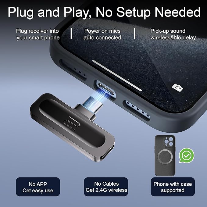 2-Pack Wireless Mini Lavalier Lapel Microphone for iPhone 15,16,Android Phone - 65ft Cordless Clip on Dual Mics with Noise Reduction 6H Working Time for Video Recording Vlogging, YouTube, Interview - Image 3