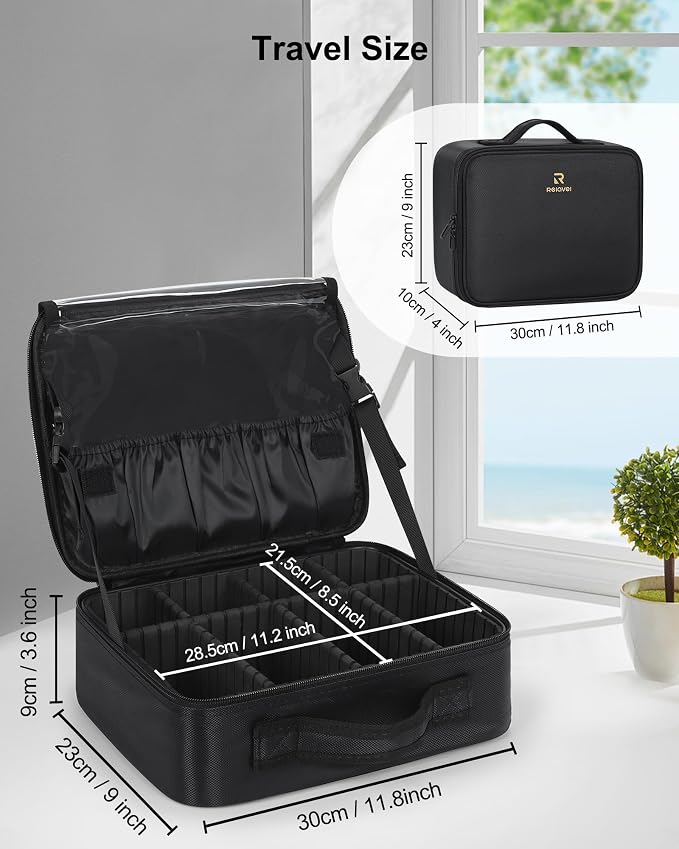 Relavel Makeup Bag Large Cosmetic Bag Travel Train Case Toiletry Bag for Women with Adjustable Dividers, Travel Essentials Organizer Case Storage Box for Skincare, Brushes, Black - Image 7