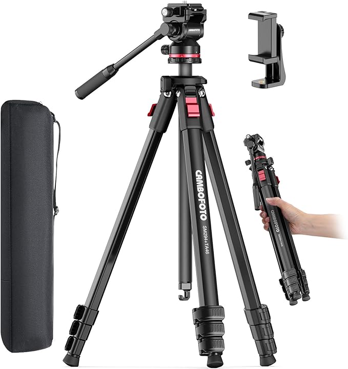 CAMBOFOTO 68" Heavy Duty Tripod, Video Tripod with Fluid Head | Aluminum Camera Tripod, 1/4" Smooth Pan/Tilt Head for DSLR/Camcorders/Binoculars/Spotting Scope/Telescope, Load 8.8lbs by CAMBOFOTO