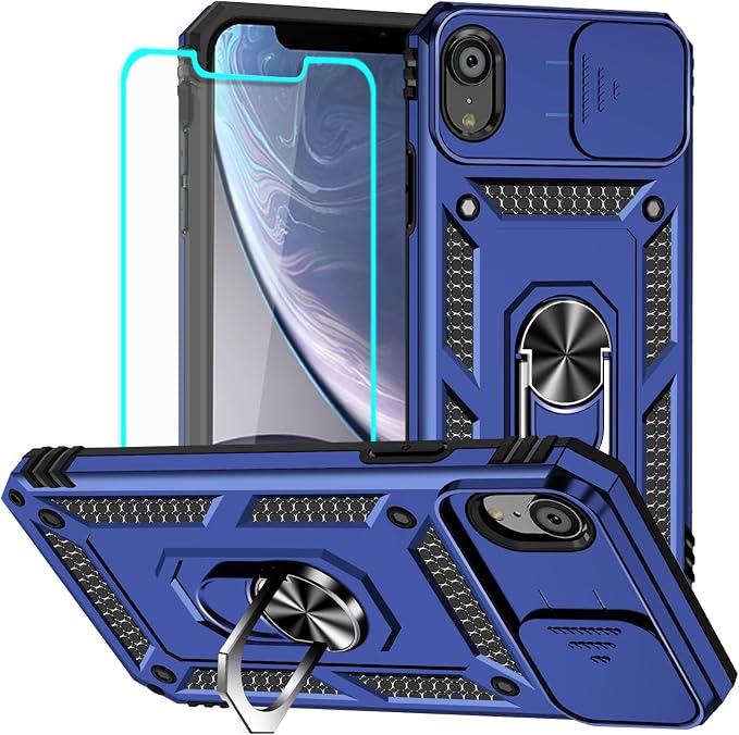 HNHYGETE for iPhone XR Phone Case with HD Screen Protector: [Military Grade 20ft. Drop Tested] Slide Camera Cover Ring Shockproof Protective Phone Case for - iPhone XR (Blue) by HNHYGETE