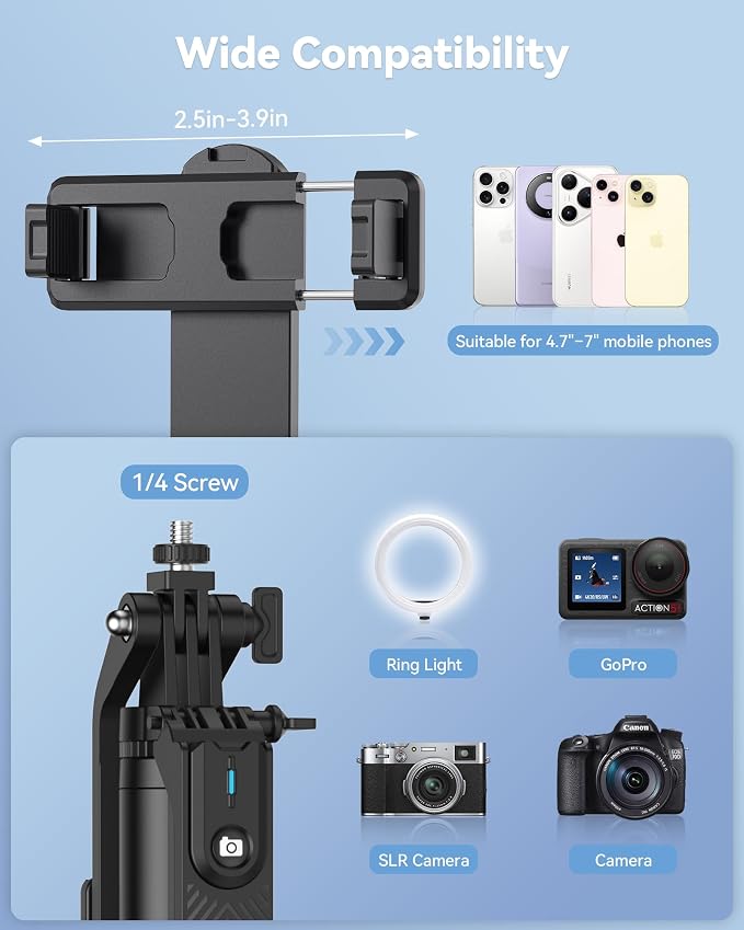 TECKNET 71" Phone Tripod & Selfie Stick, Portable Extendable Cell Phone Tripod Stand with Wireless Remote and Phone Holder, with Wireless Remote Control for iPhone/Samsung/Android/Camera - Image 5